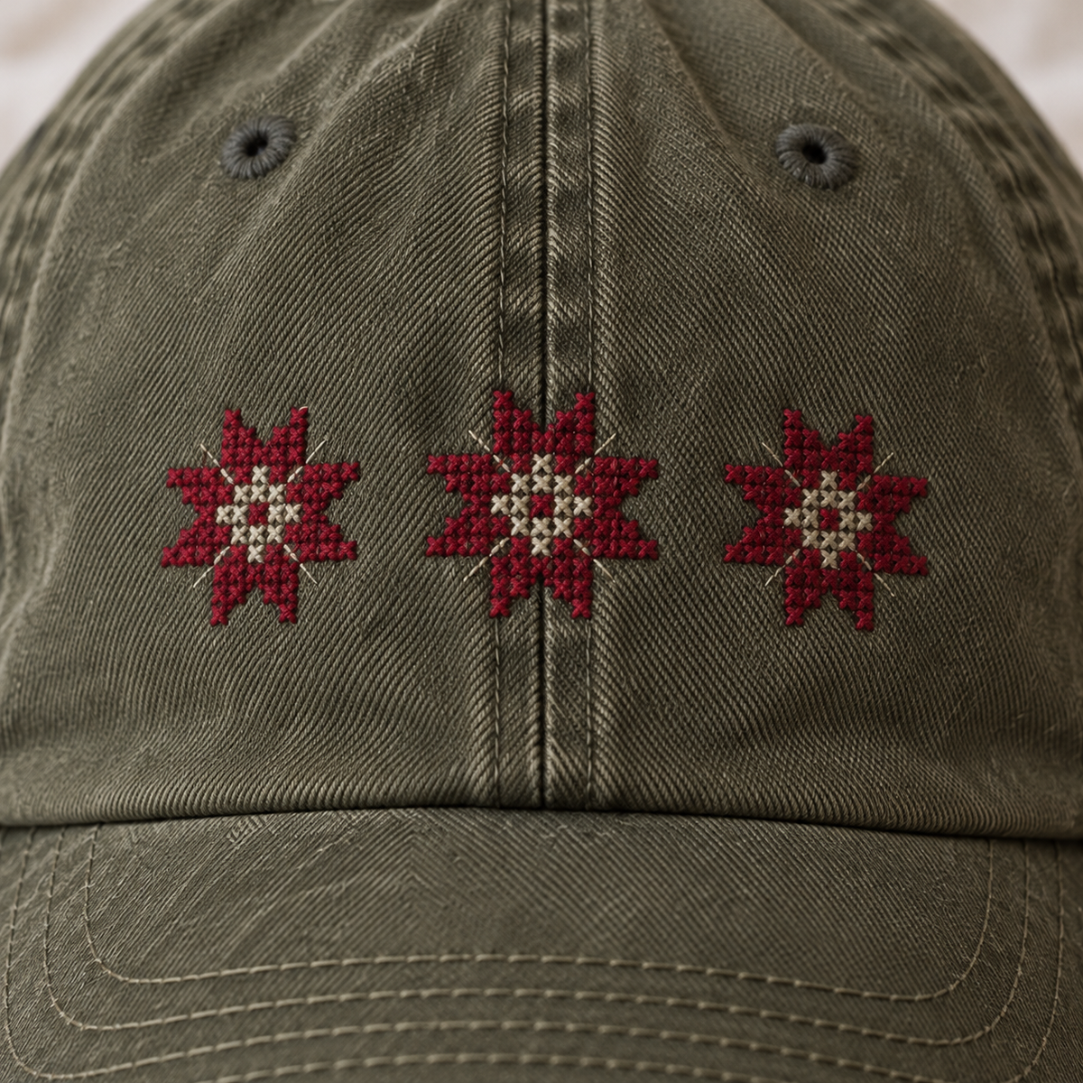 Three Star Tatreez Cap - Olive - close-up of Palestinian tatreez stitching