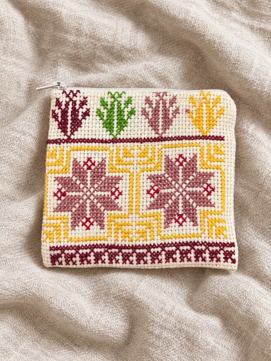 Twin Star Tatreez Coin Purse - Mauve and Yellow - styled product view