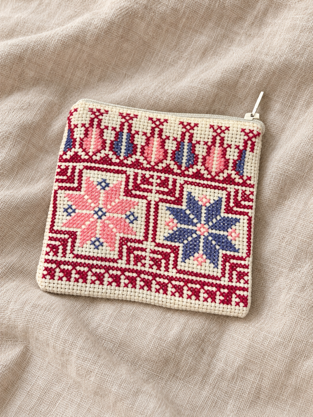 Twin Star Tatreez Coin Purse - Pink and Blue - styled product view