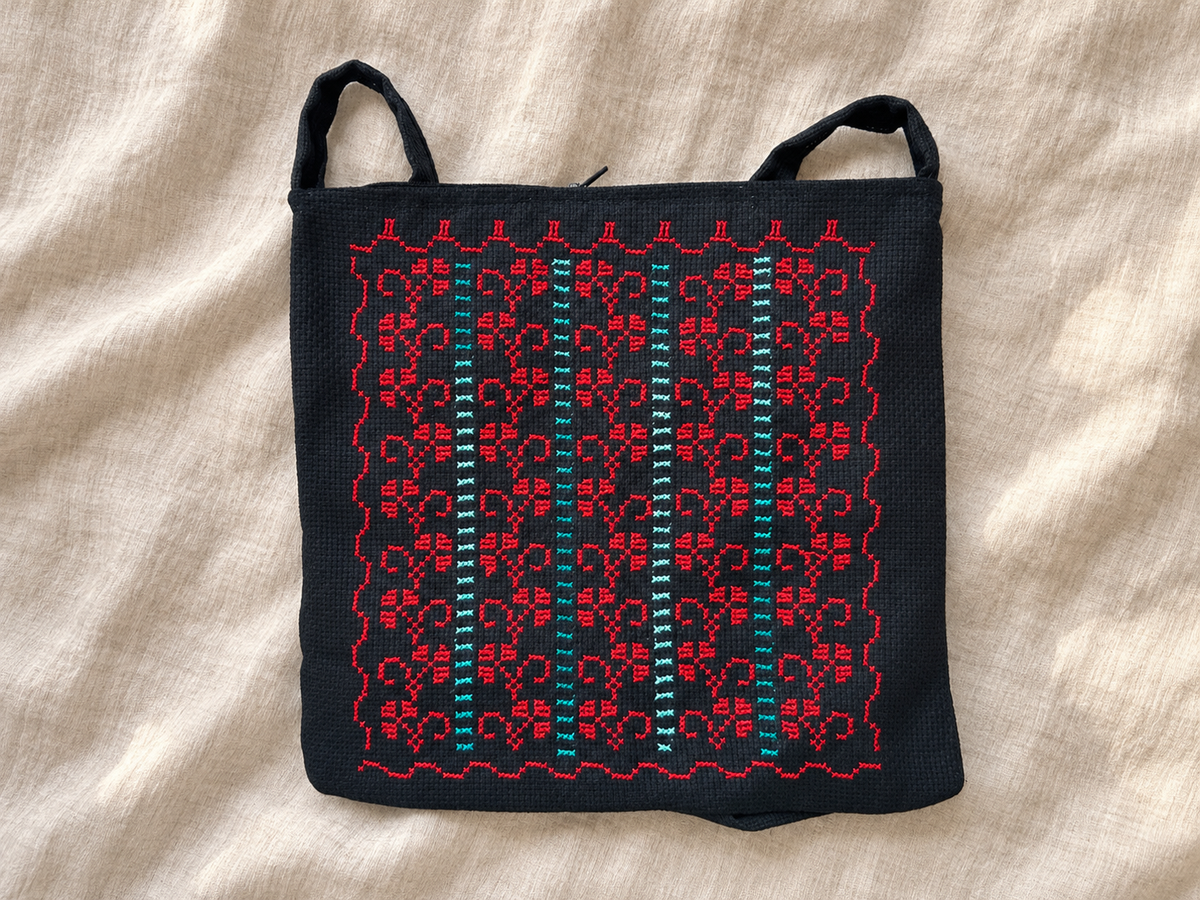 Vertical Motif Tatreez Bag - Red and Turquoise - styled product view