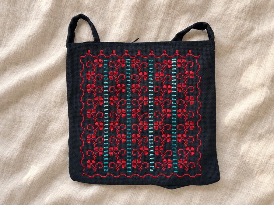 Vertical Motif Tatreez Bag - Red and Turquoise - styled product view