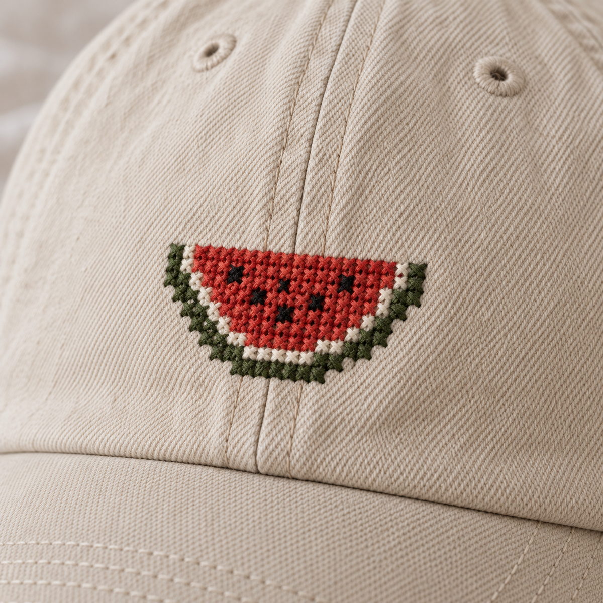 Watermelon Tatreez Cap - Cream - close-up of Palestinian tatreez stitching