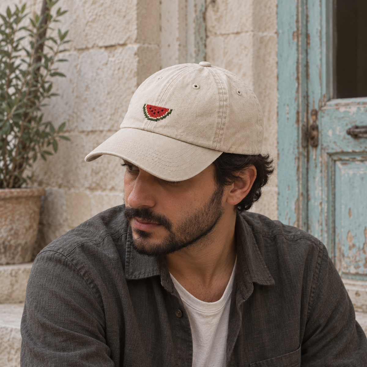 Watermelon Tatreez Cap - Cream worn on an adult model