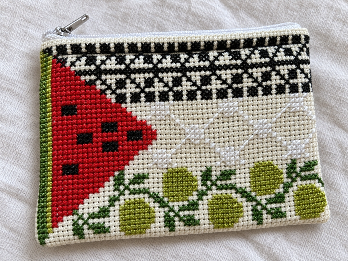 Close-up of watermelon, white lattice, keffiyeh and olive stitching