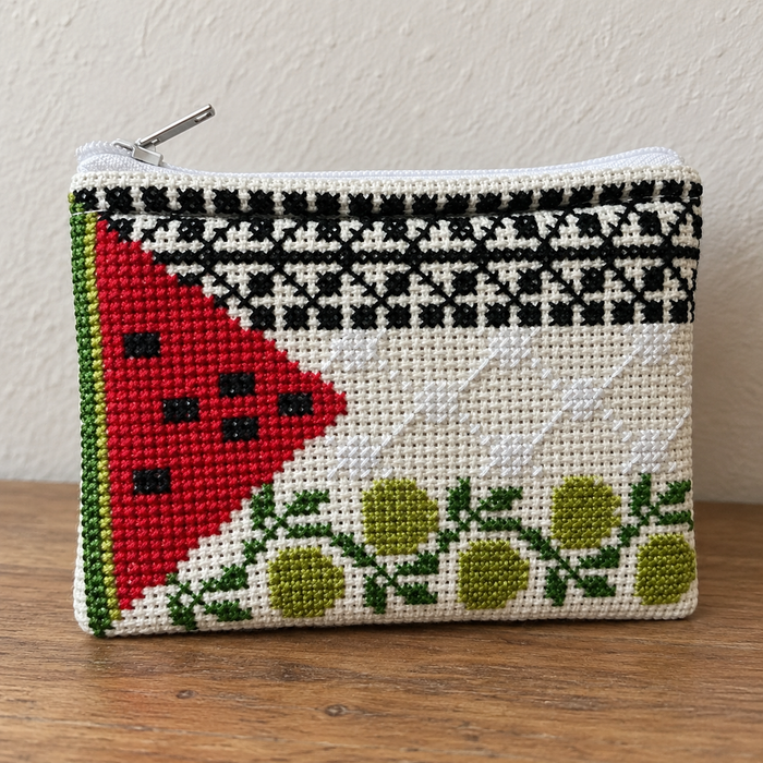 Watermelon, keffiyeh and olive tatreez coin purse