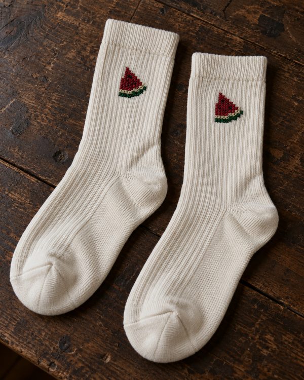 Design mock-up of watermelon tatreez socks in cream, showing cross-stitch details.